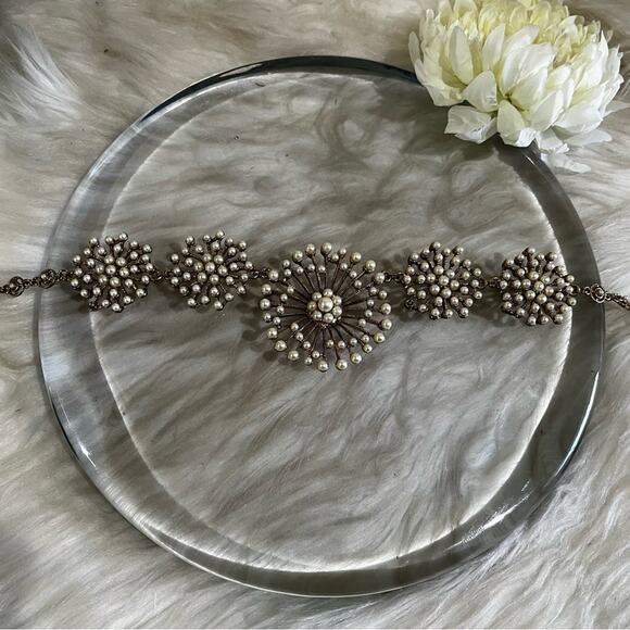 NEW Saks Fifth Avenue Pearl Spiral Sunburst Filigree Art Deco Statement Necklace - Picture 11 of 16